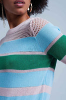 Blue Striped Open Knit Short Sleeve Sweater
